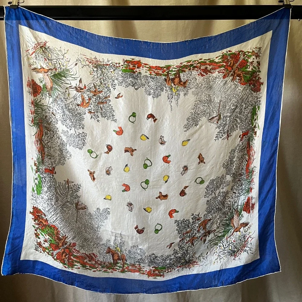 Vintage Hunting Equestrian Silk Scarf Blue Border Fox Hunt Birds Deer 31x34